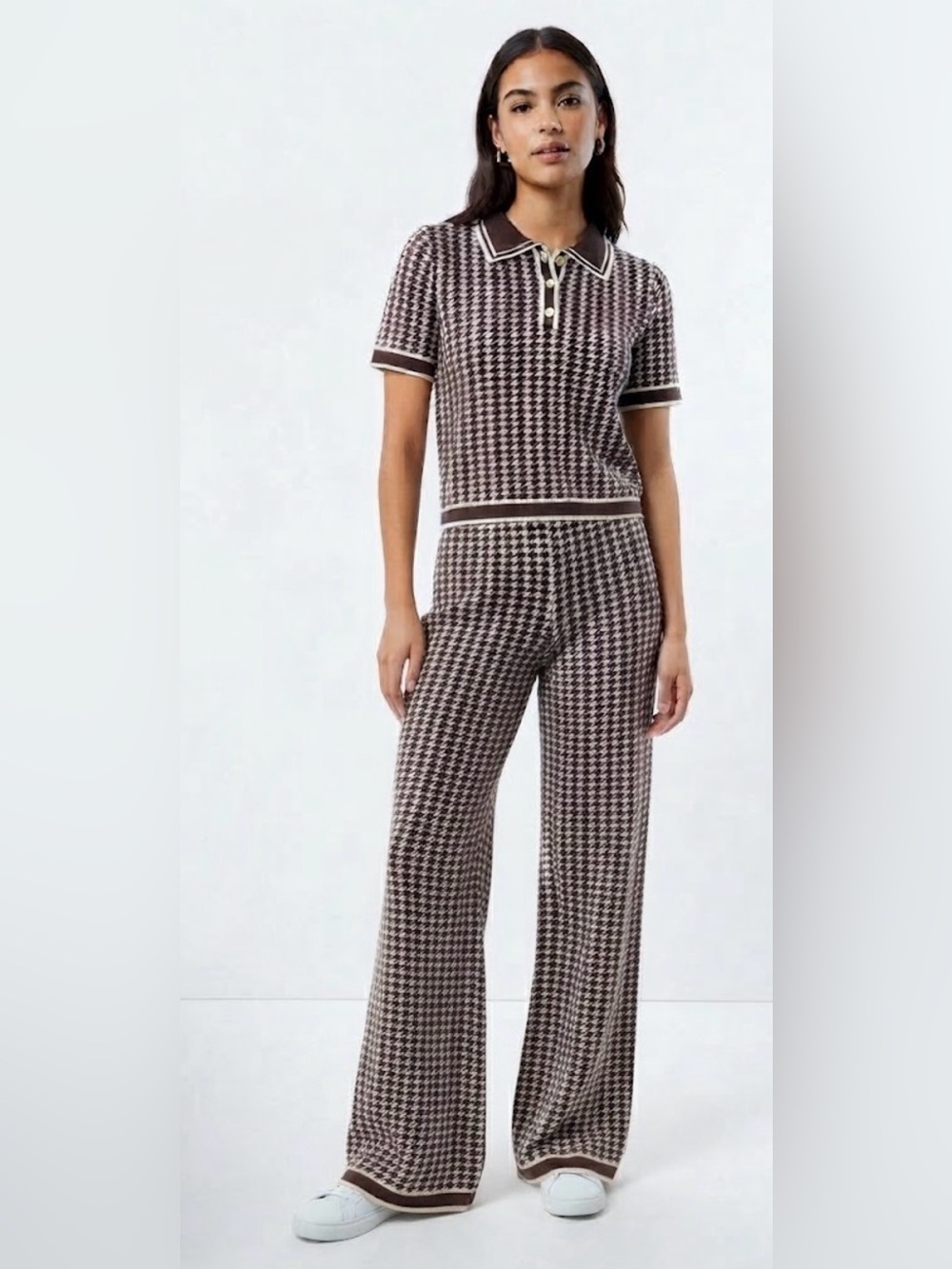 Womens Brown & White Houndstooth Polo and pants  2 piece better for size Medium